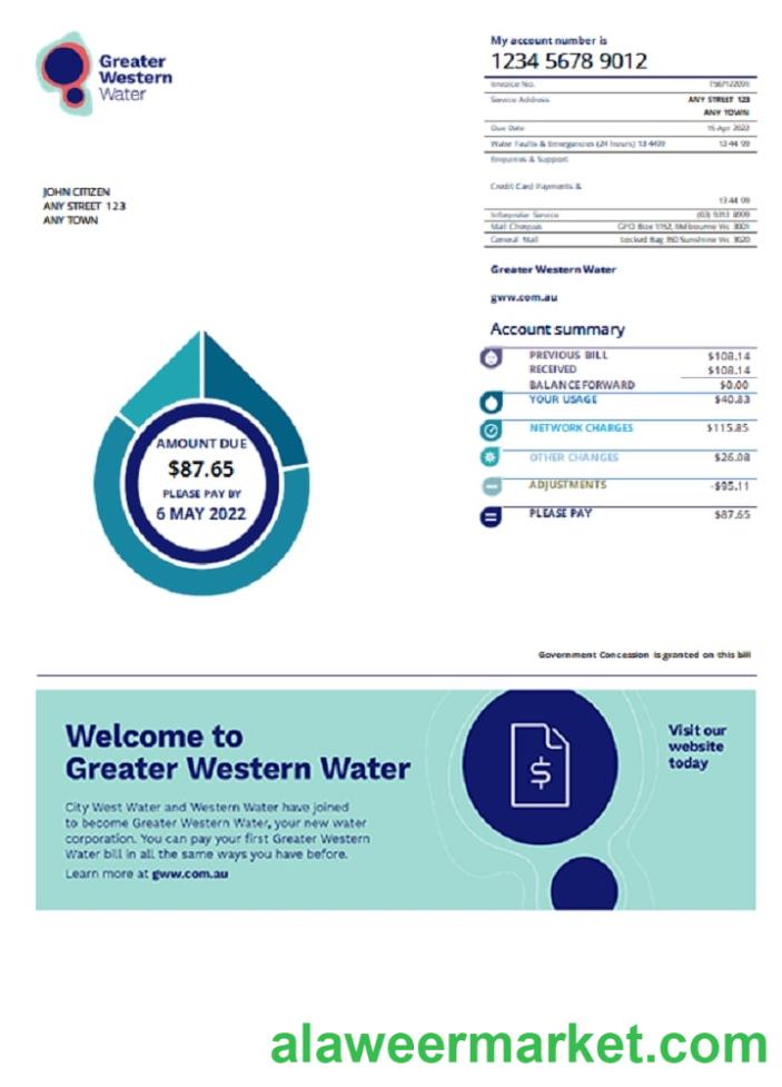 Australia Greater Western Water utility bill